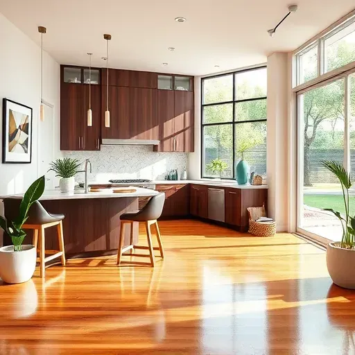 Modern Northwood CA kitchen remodel featuring dark wood cabinetry, marble countertops, and mosaic backsplash. Stylish island and plants.