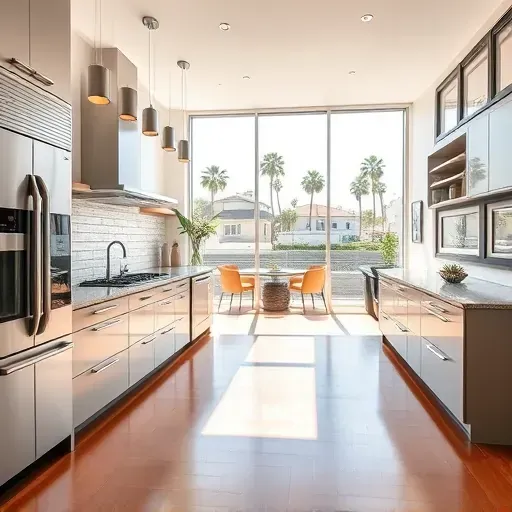 Renovated Mid-City CA kitchen with sleek modern design, stainless steel appliances, granite countertops, and large windows