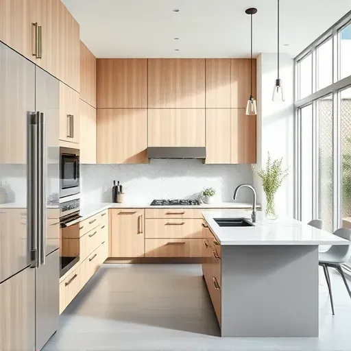 Newly renovated Los Angeles kitchen with matte cabinetry, stainless steel appliances, and a marble island under natural light.