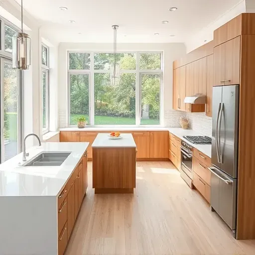 Remodeled Lake Forest CA kitchen with white quartz countertops stainless steel appliances wooden cabinets large island pendant lighting and backyard view