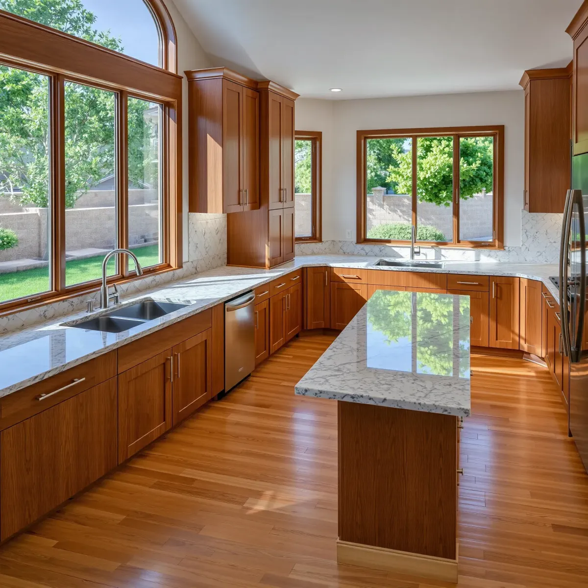 Modern Foothill Ranch kitchen with stainless appliances, custom wood cabinetry, quartz countertops, marble island & large windows.