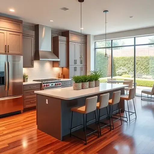Modern kitchen remodel in Santa Anita Park features quartz counters, stainless steel appliances, and elegant custom cabinetry.