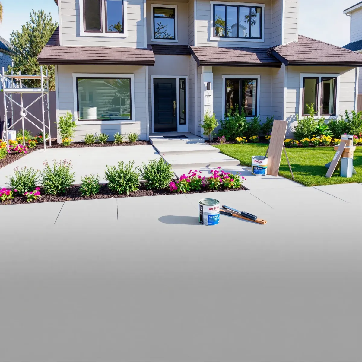 Remodeled MainPlace, CA home with landscaped yard, new siding, large windows, modern door, and ongoing renovation tools.