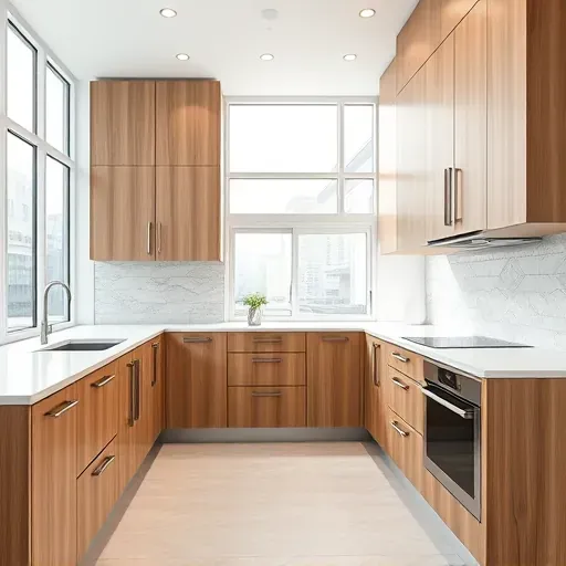 Contemporary kitchen featuring high-quality wooden custom cabinets with sleek lines, natural grain, polished quartz countertops, and integrated appliances