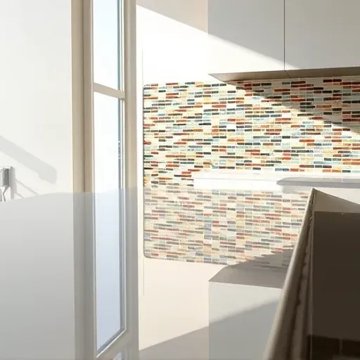 Flawlessly installed glossy ceramic mosaic backsplash in a modern LA kitchen with natural daylight highlighting rich textures and craftsmanship