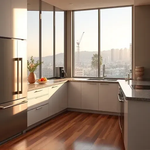 Kitchen remodel in Los Angeles featuring sleek cabinetry, granite countertops, and stainless steel appliances, with city views.