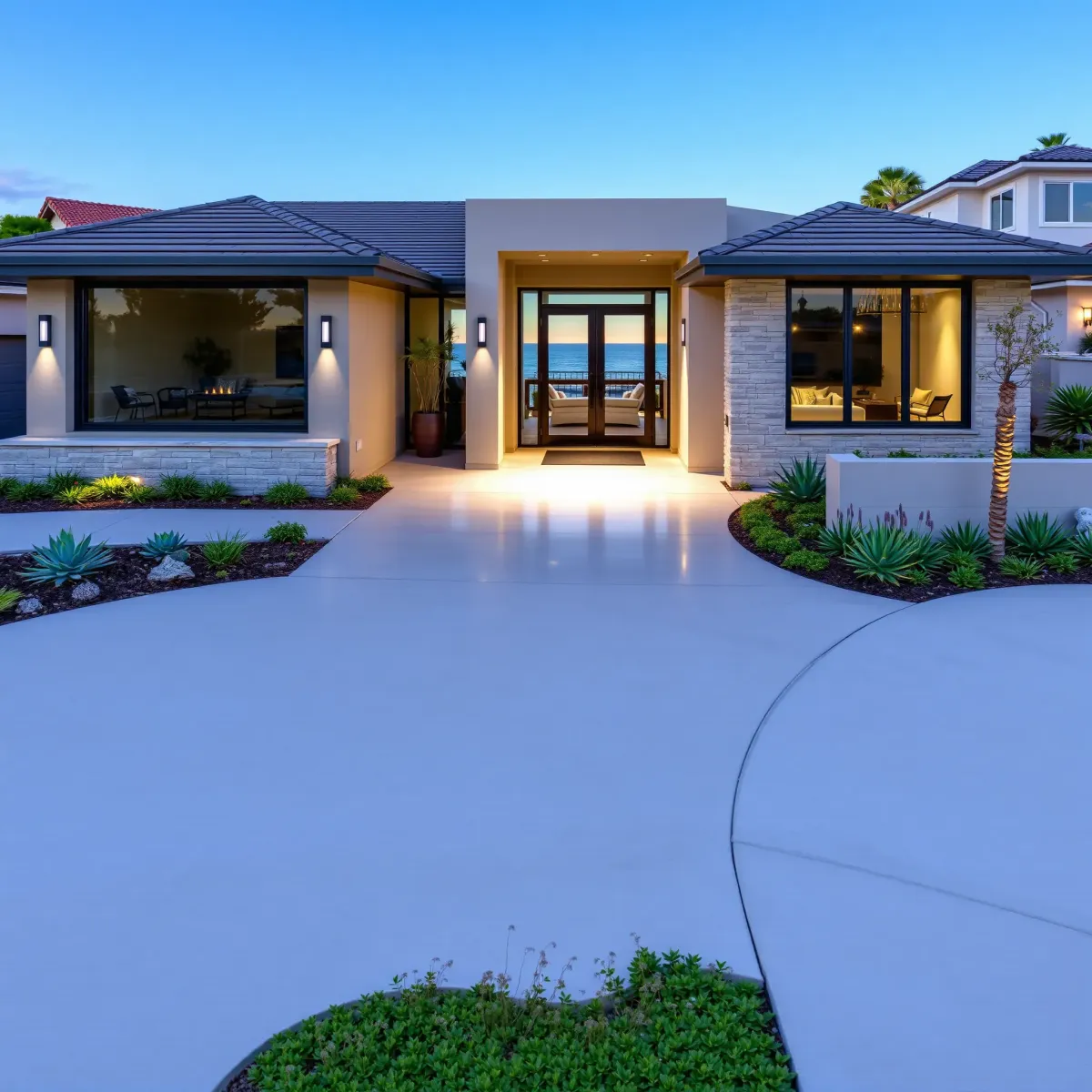 Beautiful renovated Laguna Beach home with coastal design, panoramic windows, lush landscaping, and ocean views.