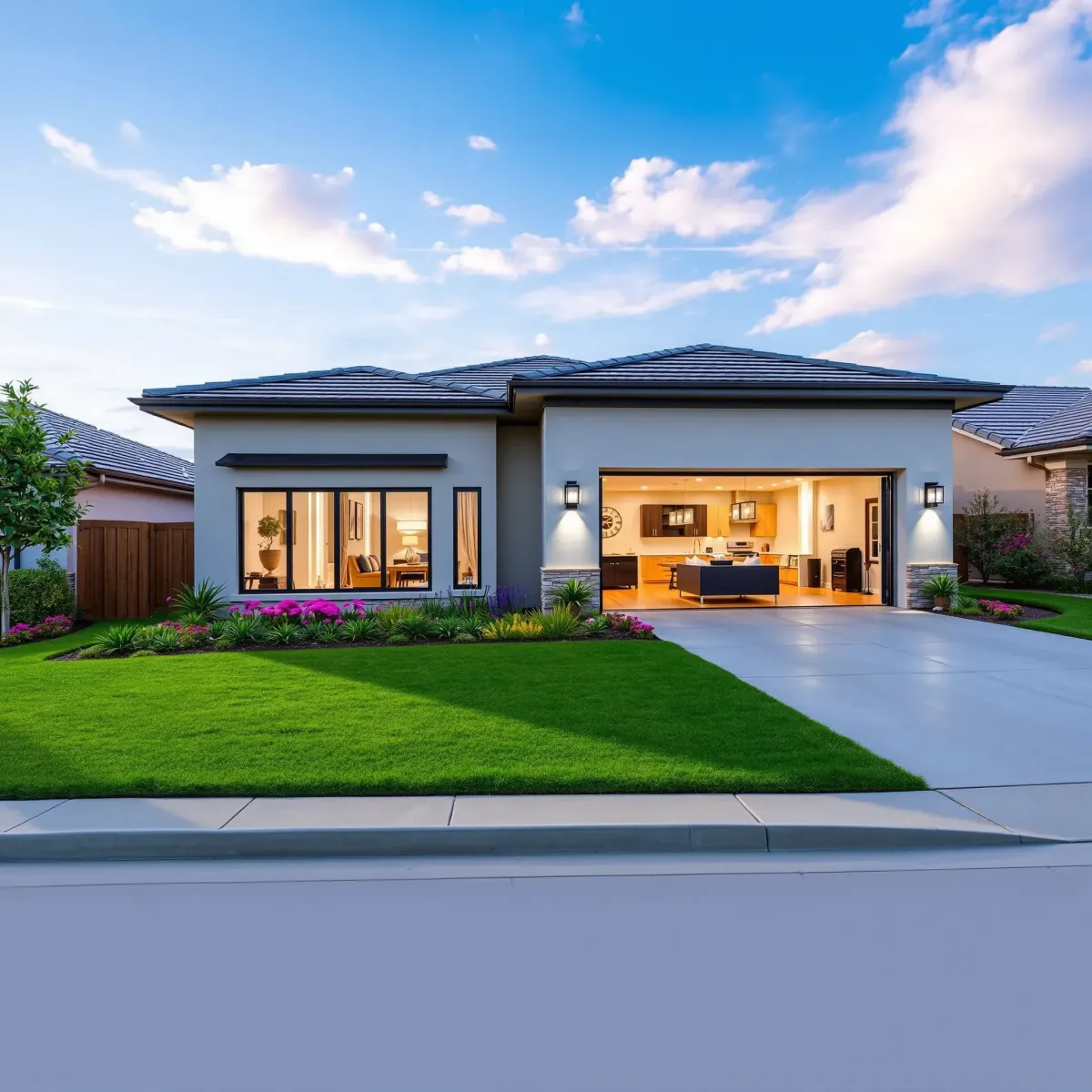 Renovated Riverview East home with modern exterior, large windows, manicured yard, driveway, and sleek garage.