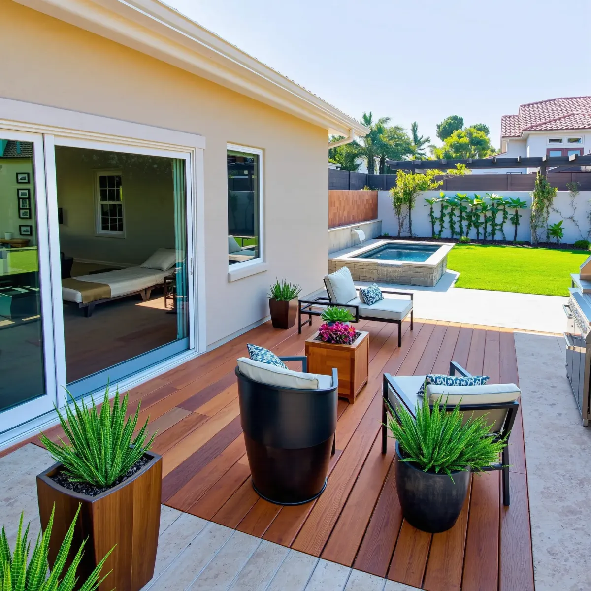 Remodeled West Grove Valley home exterior with modern design, lush landscaping, rolling hills, and clear blue skies.
