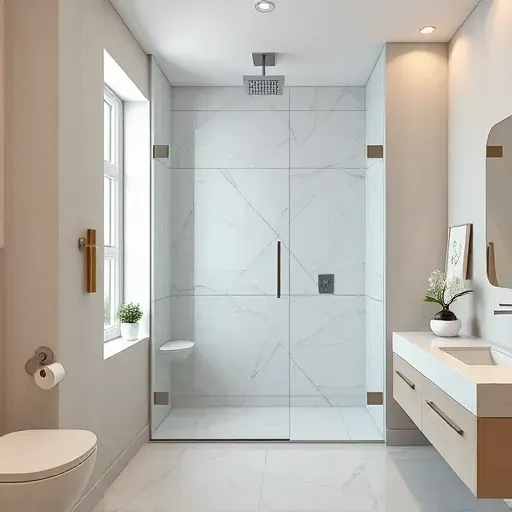 Modern LA bathroom with frameless glass walk-in shower, marble tiles, rainfall ceiling shower, natural light, and sleek decor