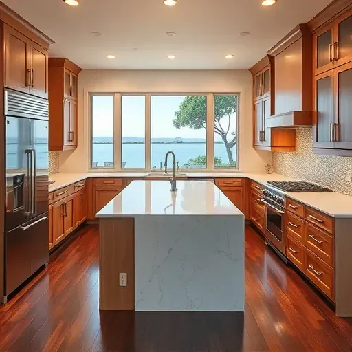 Luxurious Newport Coast kitchen remodel with marble island, custom cabinetry, ambient lighting, and bay window views.