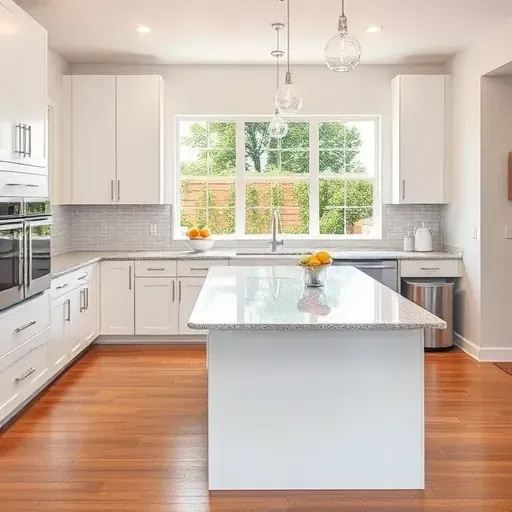 Modern kitchen remodel in Westminster CA featuring sleek white cabinetry, granite island, gray subway tiles, and natural light.