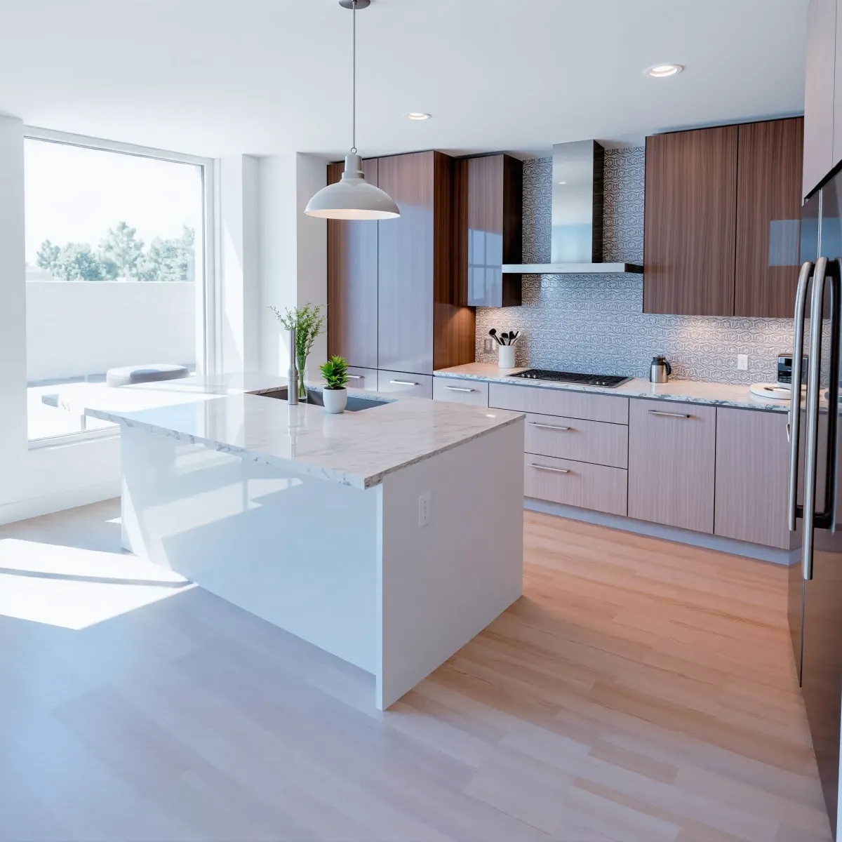 Remodeled East Garden Grove kitchen featuring warm wood cabinets, white accents, quartz counters, stainless steel appliances, and garden views.