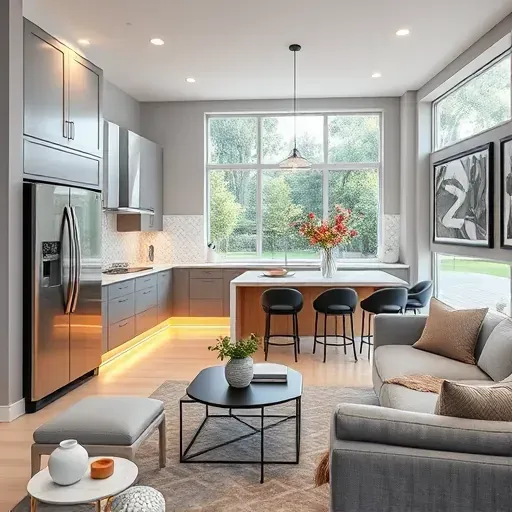 Modern kitchen remodel in Floral Park CA with stainless steel appliances and polished quartz countertops, bright and inviting.