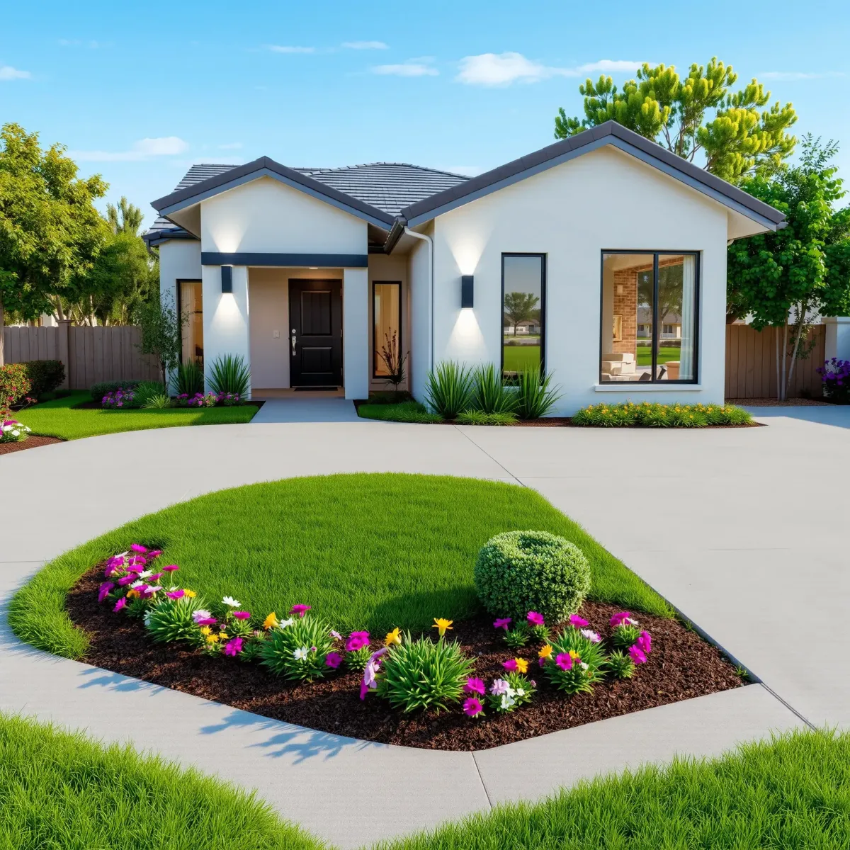Remodeled home on El Camino Real, CA, featuring new paint, updated windows, a patio, lush trees, and clear California sky.
