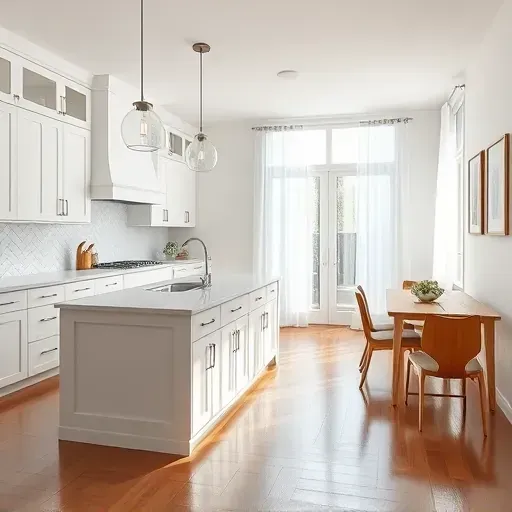Modern kitchen remodel in Riverview East CA with white cabinetry, quartz island, and cozy dining area in natural light