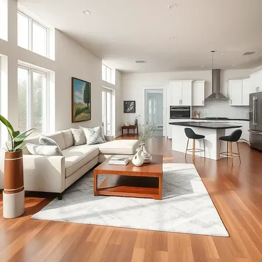 Modern open-concept living space in MainPlace CA with high-end furnishings, natural light, and elegant decor.