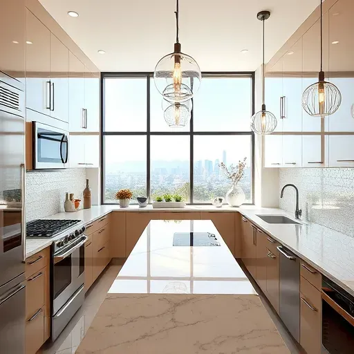 Modern Los Angeles kitchen with sleek cabinetry, stainless steel appliances, marble island, pendant lighting, and scenic skyline view