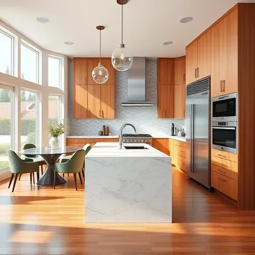 Modern French Park kitchen with wood cabinets stainless appliances quartz island tile backsplash hardwood floors natural light