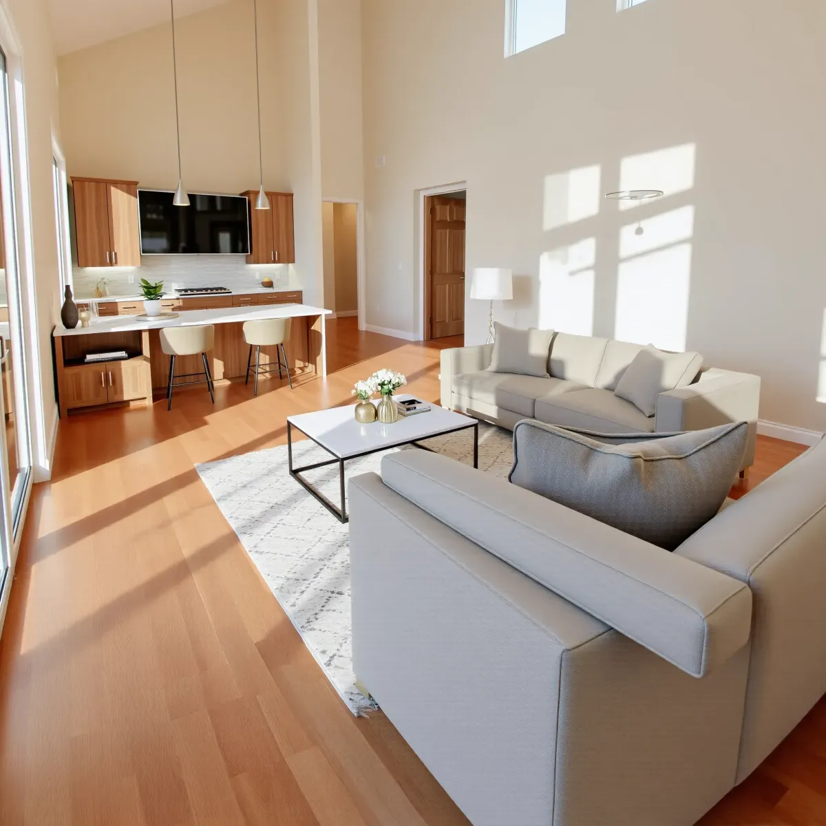 Beautiful renovated Santa Anita Park living room with modern furniture, hardwood floors, natural light, and outdoor backyard view.