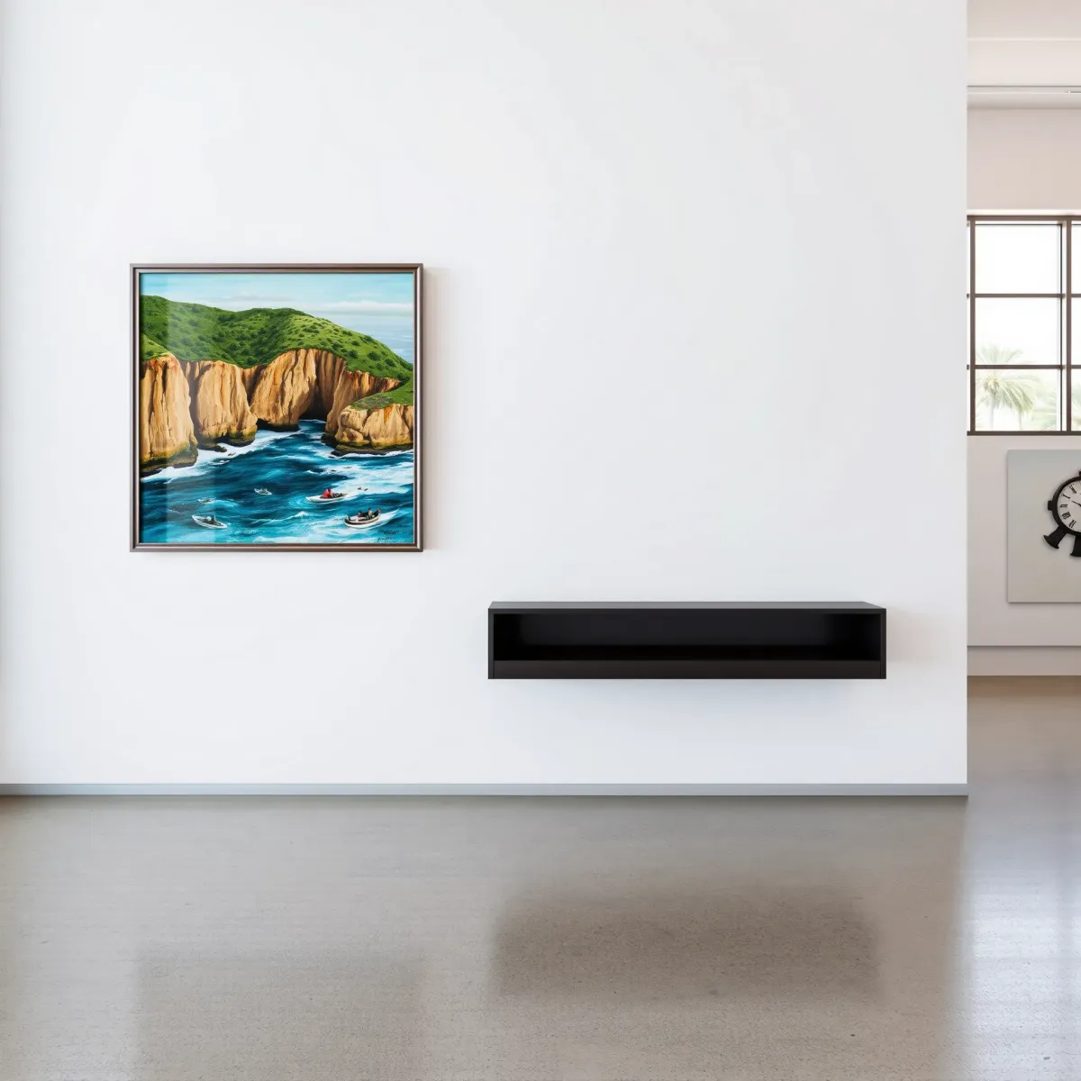California coast landscape painting displayed in modern LA gallery with vibrant colors and natural lighting.