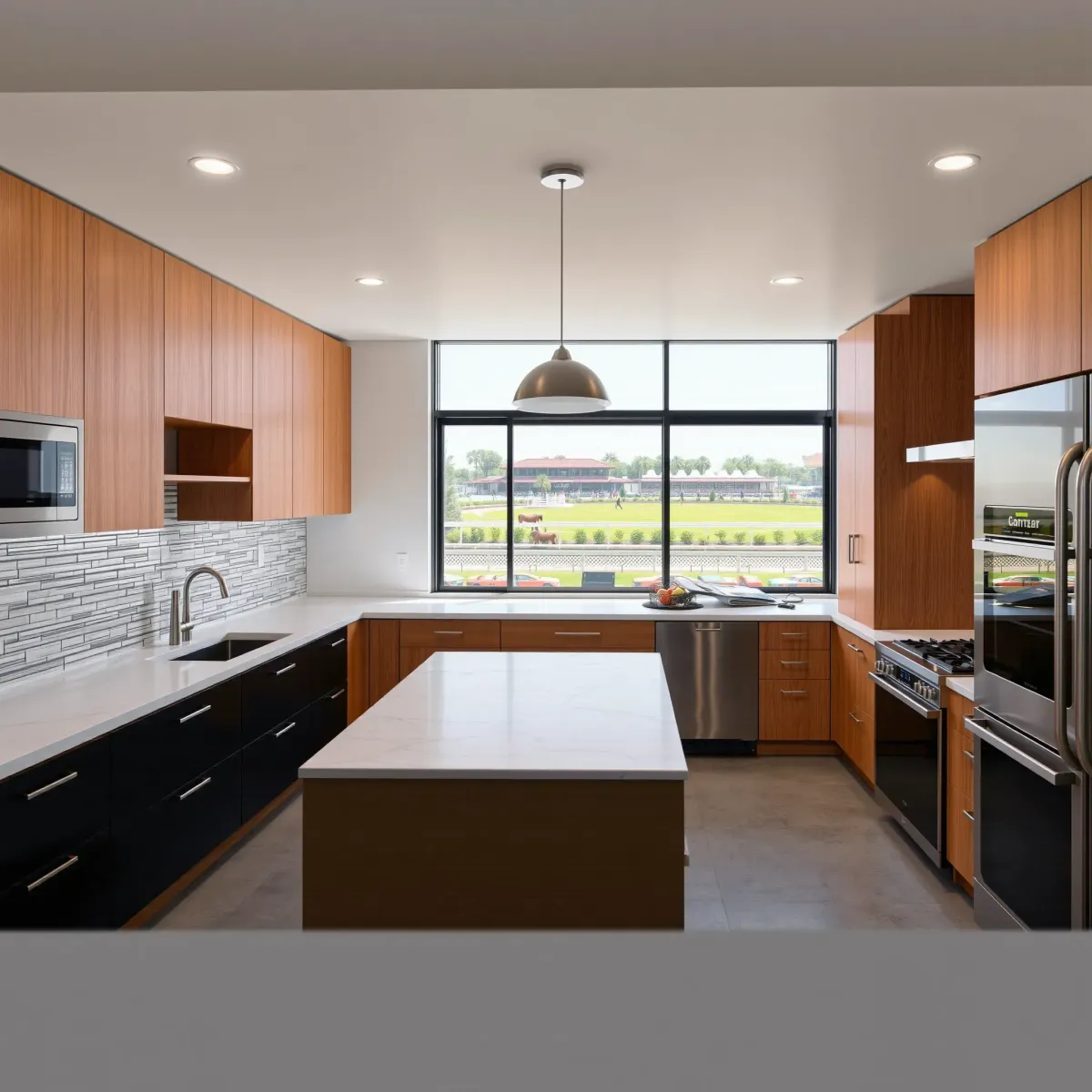 Modern Santa Anita kitchen with oak, black cabinets, quartz counters, marble island, stainless appliances, and racetrack views.