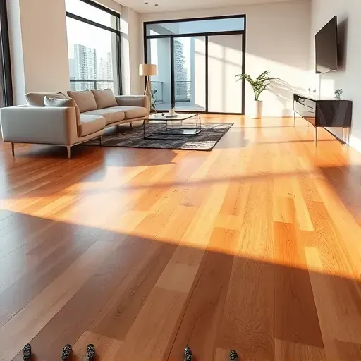 Modern living room with polished hardwood floors, sleek minimalist furniture, large windows, natural sunlight, and a stylish area rug.