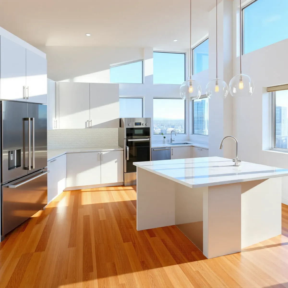 Modern remodeled LA kitchen with sleek cabinets, marble island, stainless steel appliances, natural light, and city views.