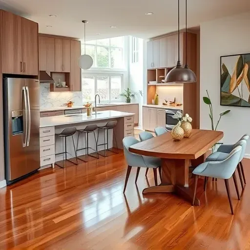 Modern kitchen remodel in Santa Anita Park with stainless steel appliances quartz countertops and ambient lighting