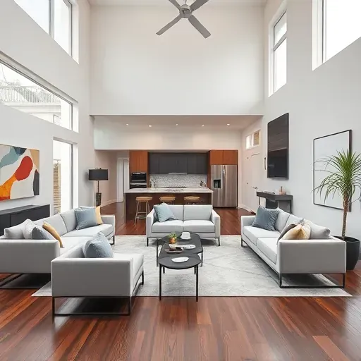 Elegant living room in Los Alamitos CA, featuring modern design, high ceilings, and a stylish open floor plan.