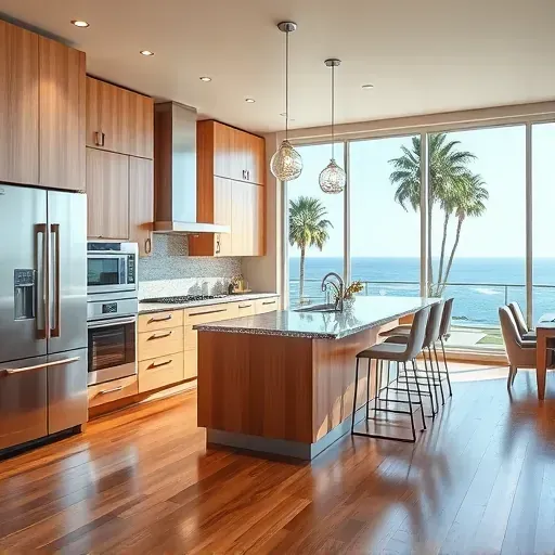 Modern San Clemente kitchen with natural wood cabinetry, granite island, stainless steel appliances, and coastal views.