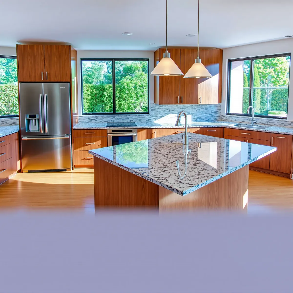 Beautiful modern kitchen in French Park, CA featuring sleek cabinetry, granite countertops, hardwood floors, and garden view.