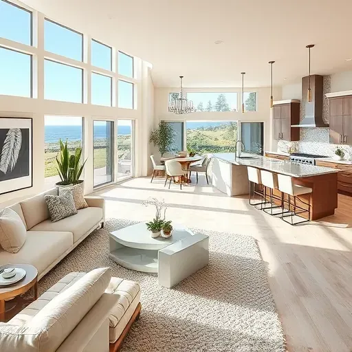 Modern living room remodel in San Clemente CA with large windows, stylish decor, and a gourmet kitchen.