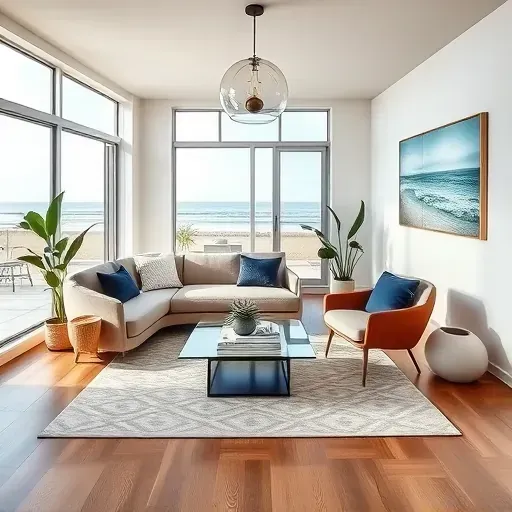 Modern coastal living room in Costa Mesa with large windows, plush sofa, and serene coastal artwork. Bright, inviting space.