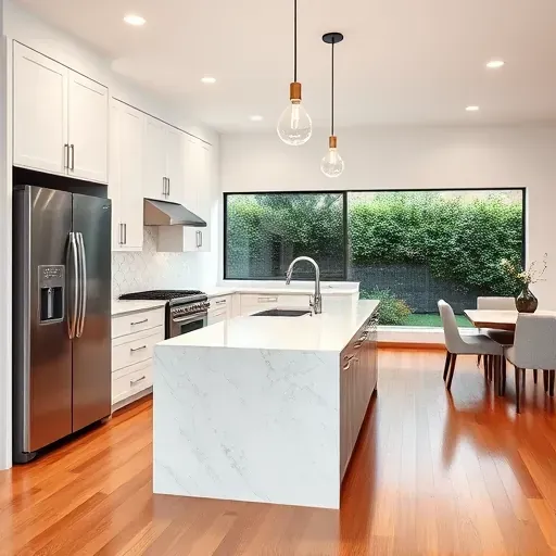 Modern Windsor Village kitchen with stainless steel appliances, marble island, white cabinets, hardwood floors, lush backyard view