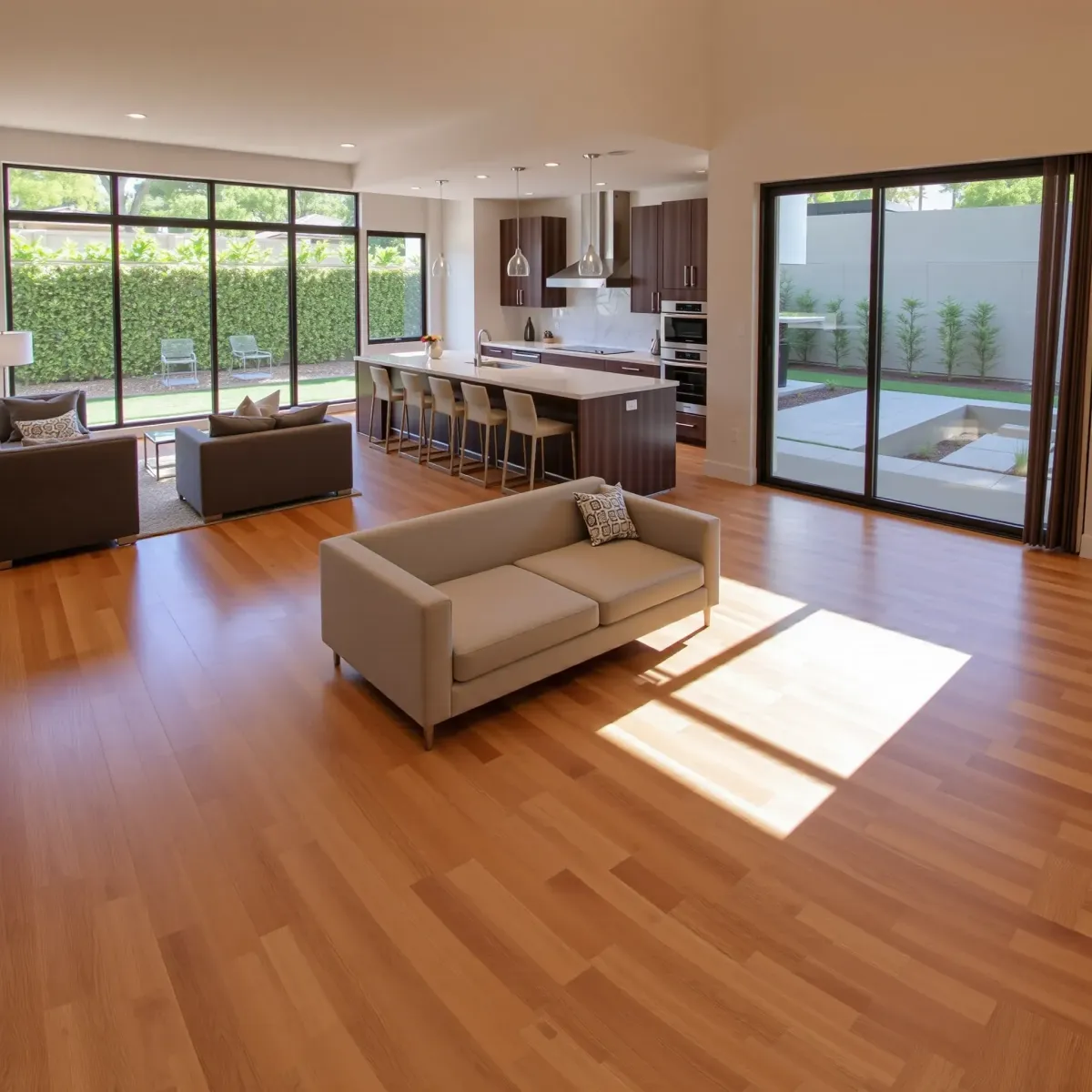 Modern renovated Tustin home with lush lawn, sleek pathway, large windows, wood accents, and fresh exterior in sunny neighborhood.