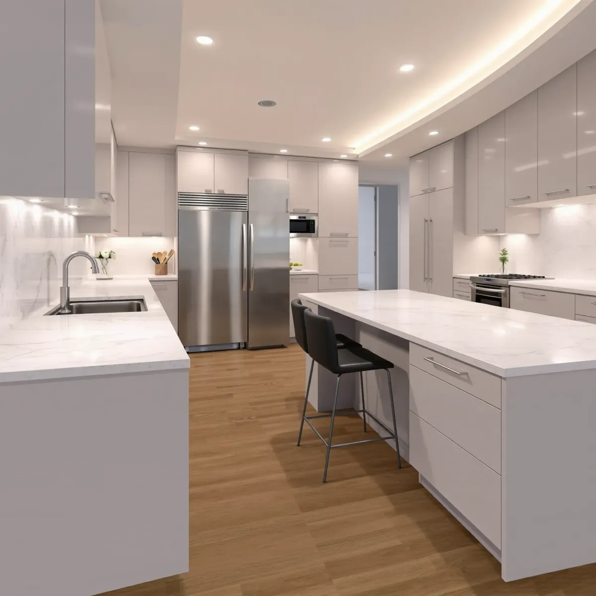 Modern kitchen in Los Alamitos with sleek matte cabinets, quartz counters, stainless appliances, and natural light.