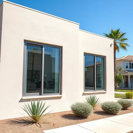 Perfectly installed modern energy-efficient windows on a Los Angeles home with stucco exterior, sleek aluminum frames, and sunny weather