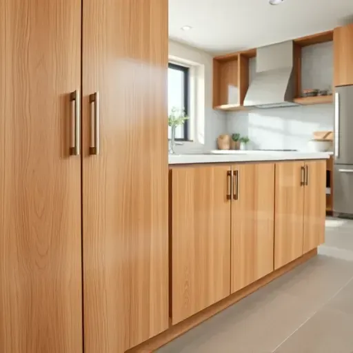 Refinished modern kitchen cabinets in Los Angeles with glossy wood textures, sleek hardware, and bright open-concept design