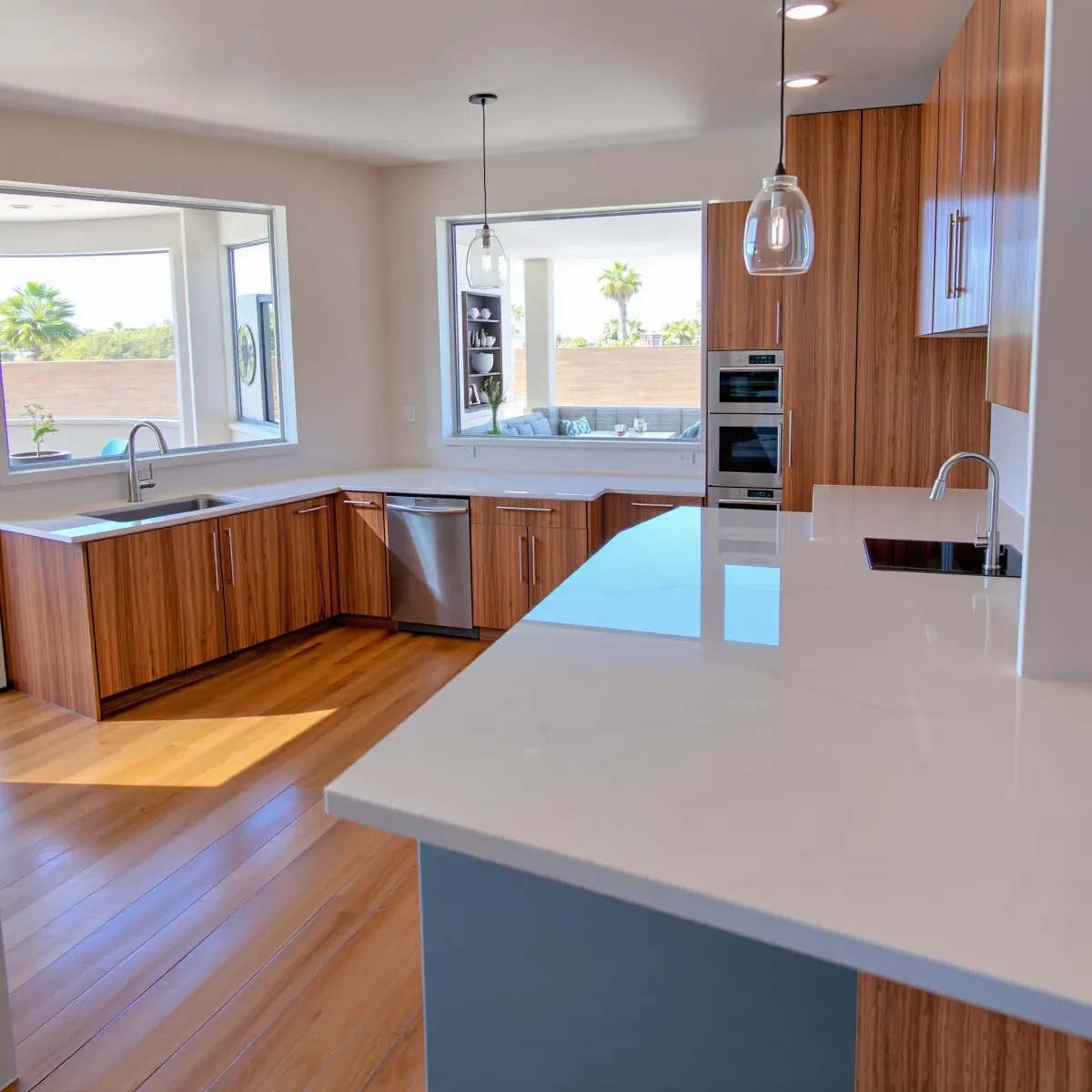 Modern East Garden Grove kitchen with sleek cabinets, stainless appliances, quartz countertops, and warm hardwood floors.