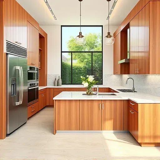 Modern renovated kitchen in Fountain Valley CA with sleek wood cabinetry granite countertops stainless steel appliances and natural light