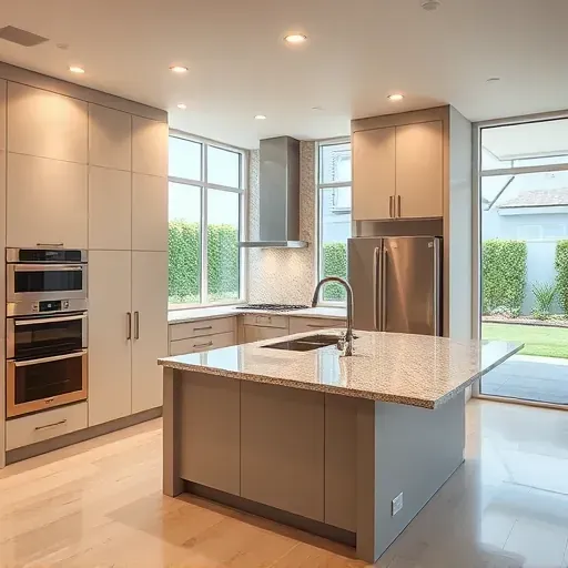 Remodeled Los Alamitos kitchen with matte cabinetry, granite island, stainless appliances, and lush backyard view