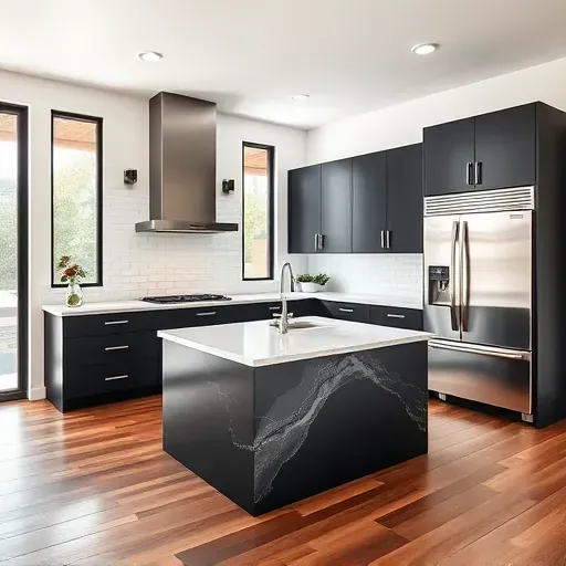 Recently remodeled Tustin kitchen with quartz countertops, black cabinets, subway tile backsplash, stainless appliances, hardwood floor, and marble island