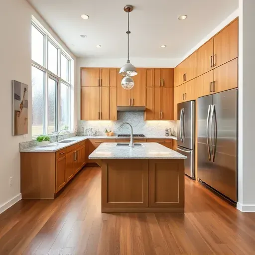 Renovated MainPlace CA modern kitchen with warm wood cabinets stainless steel appliances large island granite countertop pendant lighting hardwood floors natural sunlight