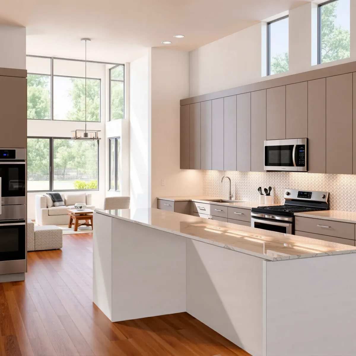 Completed modern kitchen in Riverview East, CA featuring quartz countertops, white cabinetry, stainless steel appliances, and lush backyard views.