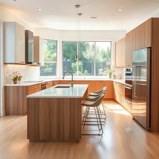 Remodeled Riverview East CA kitchen with quartz countertops, warm wood cabinets, stainless appliances, glass backsplash, and garden view