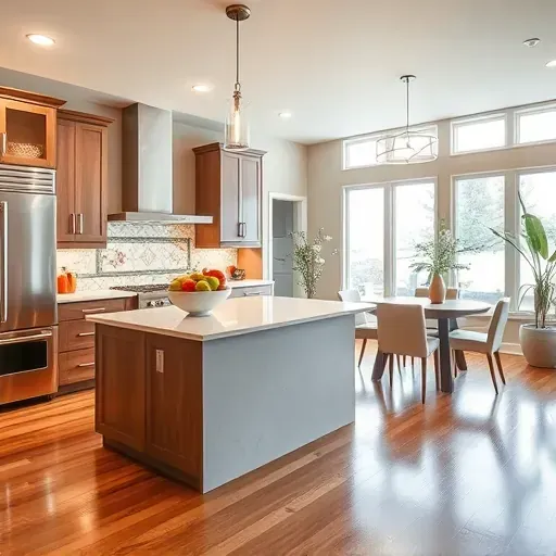 Modern kitchen in Lacy, CA features custom cabinetry, polished quartz countertops, vibrant fruits, and natural light.