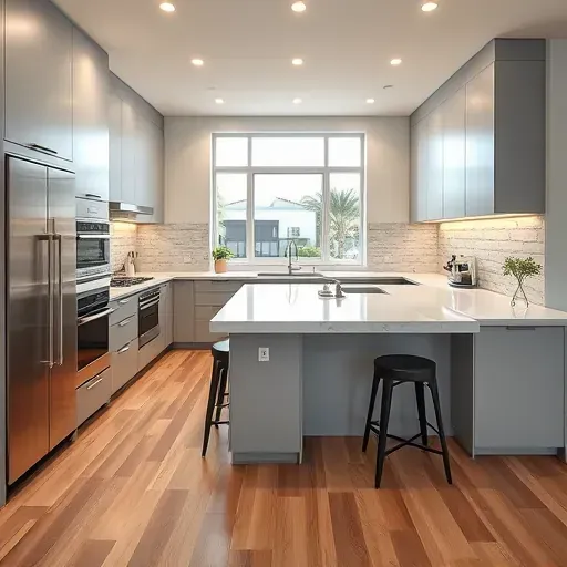 Modern Los Angeles kitchen with stainless steel appliances, quartz countertops, textured subway tiles, and hardwood flooring