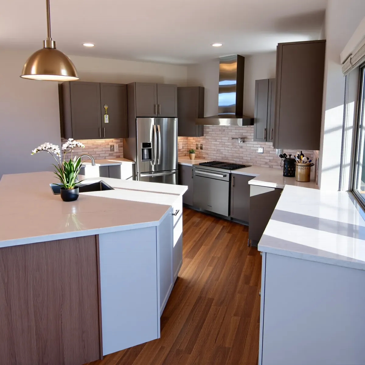Recently remodeled Costa Mesa kitchen with sleek cabinets, quartz countertops, modern island, and lush outdoor views.