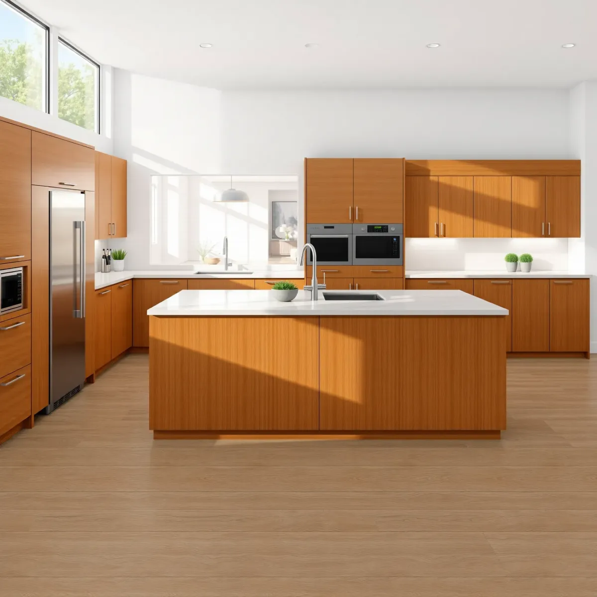 Renovated MainPlace, CA kitchen with warm wood cabinets, stainless steel appliances, marble island, and natural light.